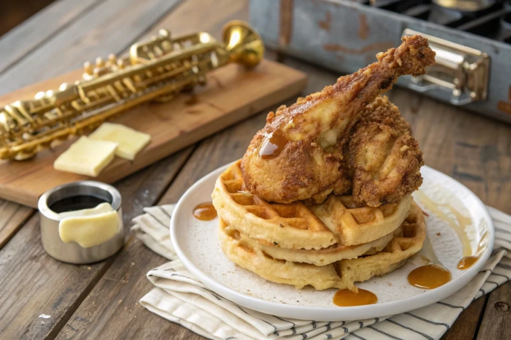 Golden fried chicken and waffles with syrup on a rustic table.