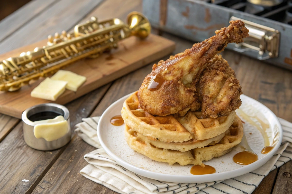 Golden fried chicken and waffles with syrup on a rustic table.