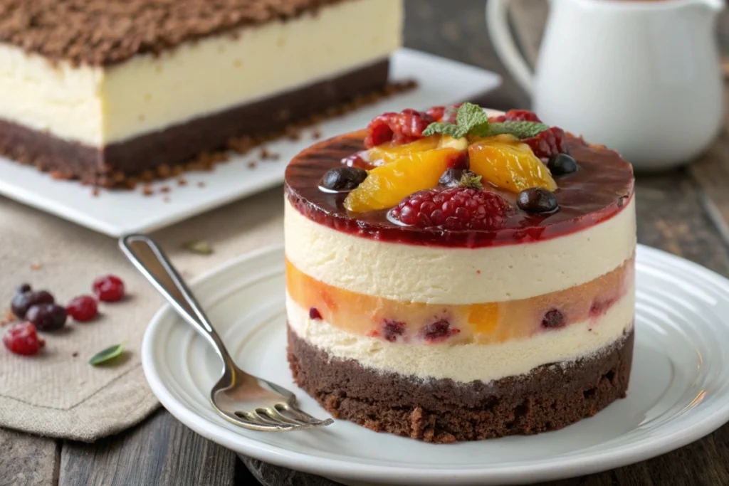 Layered cheesecake with chocolate, vanilla, and fruit jelly topping.