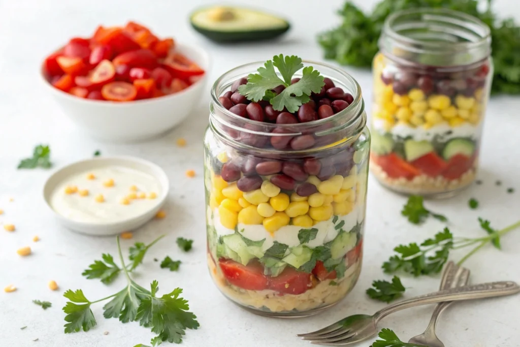 Layered dense bean salad in a mason jar with colorful ingredients.