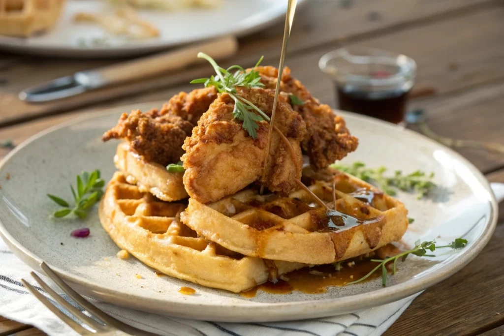 A plate of chicken and waffles drizzled with syrup.