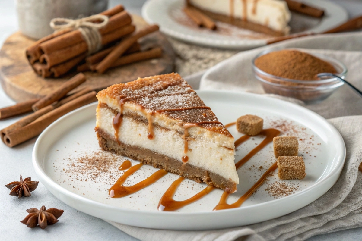 A slice of churro cheesecake with cinnamon sugar and caramel drizzle