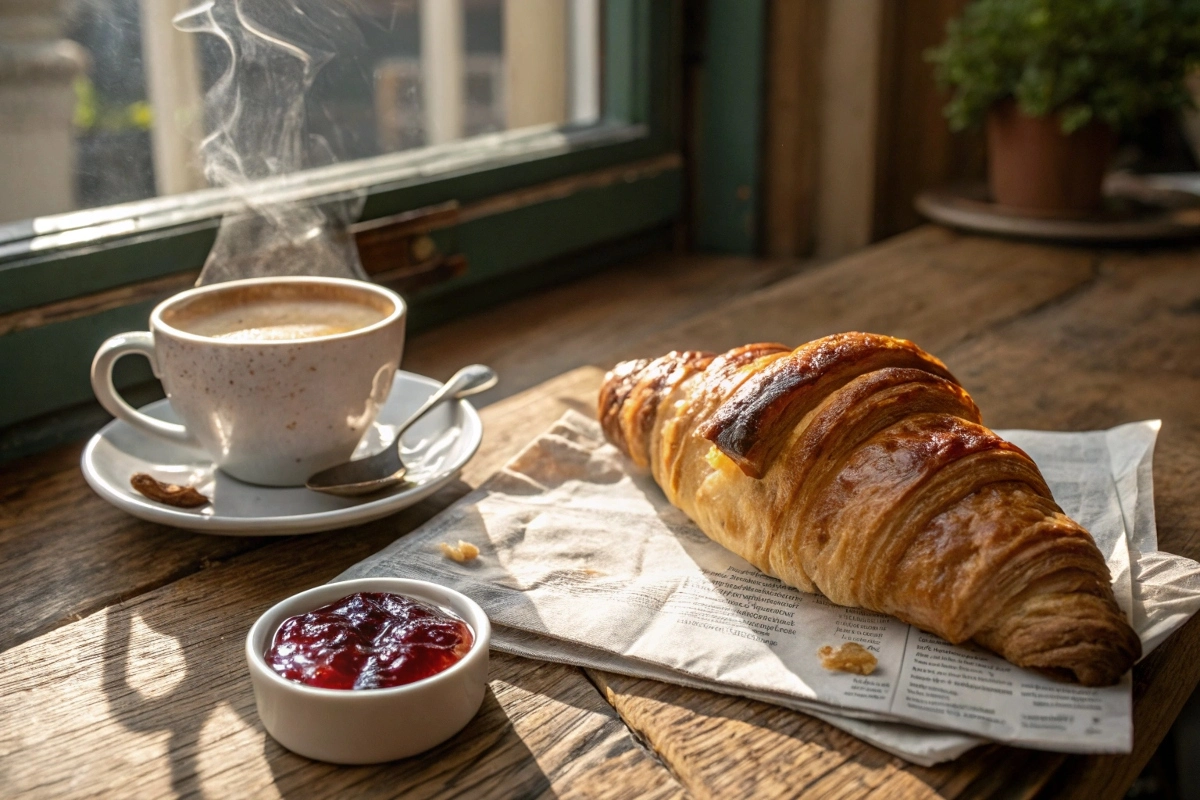 Golden flaky croissant with coffee on a wooden table