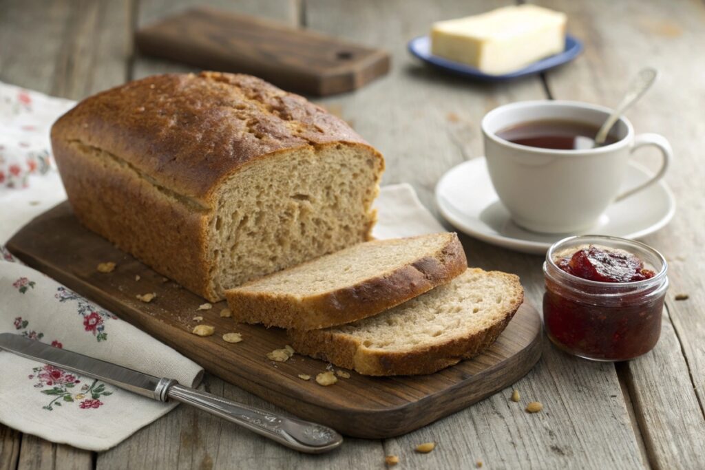 Sliced oat molasses bread with butter and jam