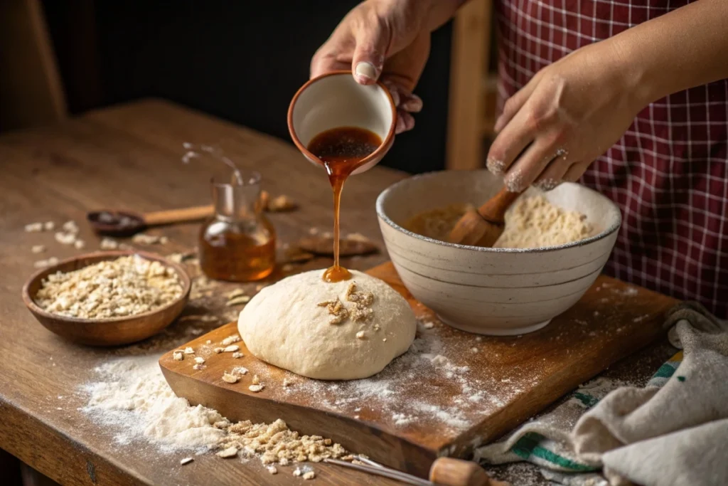 Kneading dough and adding molasses for oat bread