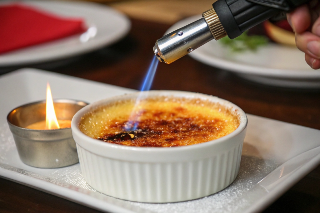 Torching sugar on crème brûlée