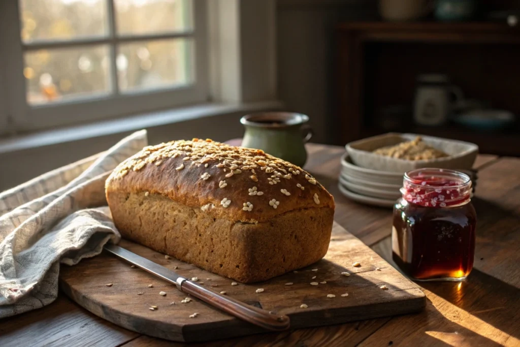 Rustic loaf of Maine oat molasses bread with molasses jar