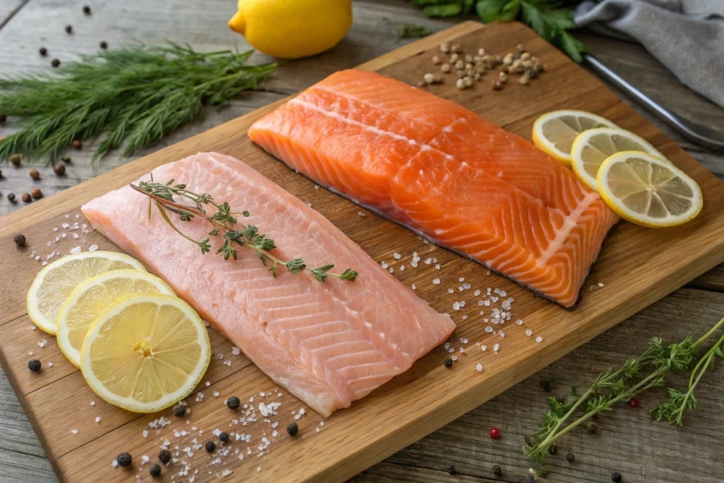 Raw steelhead trout and salmon fillets side by side on a cutting board.