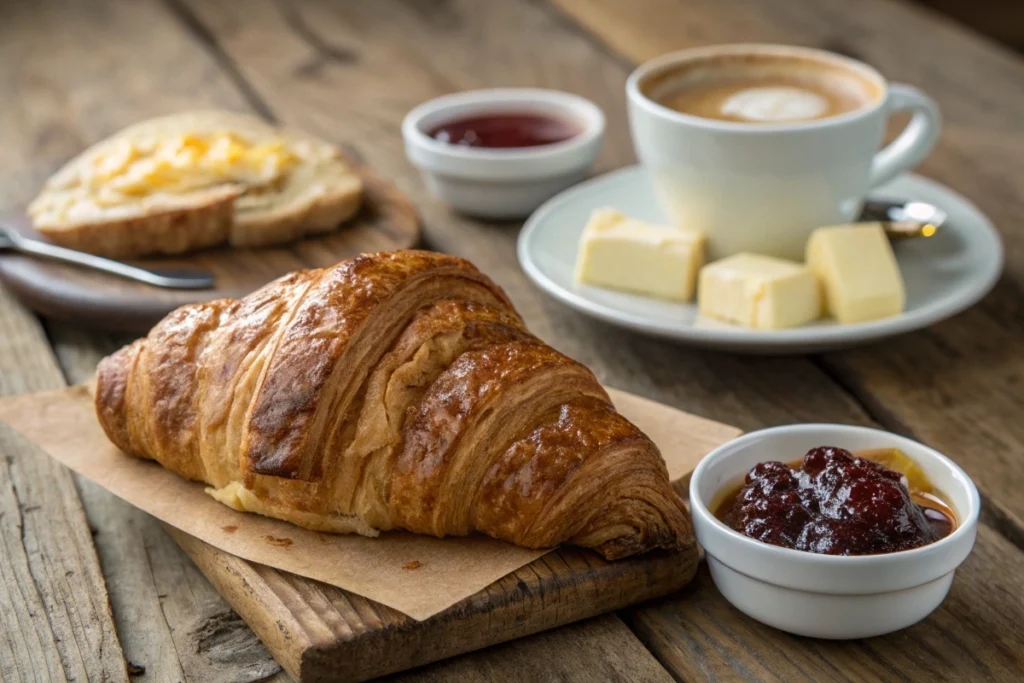 Flaky croissant and dense Gipfeli on a rustic table