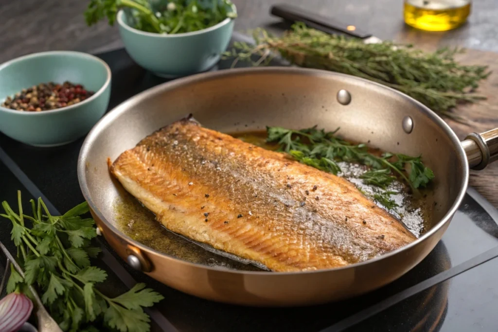 Steelhead trout cooking in a pan with crispy skin.