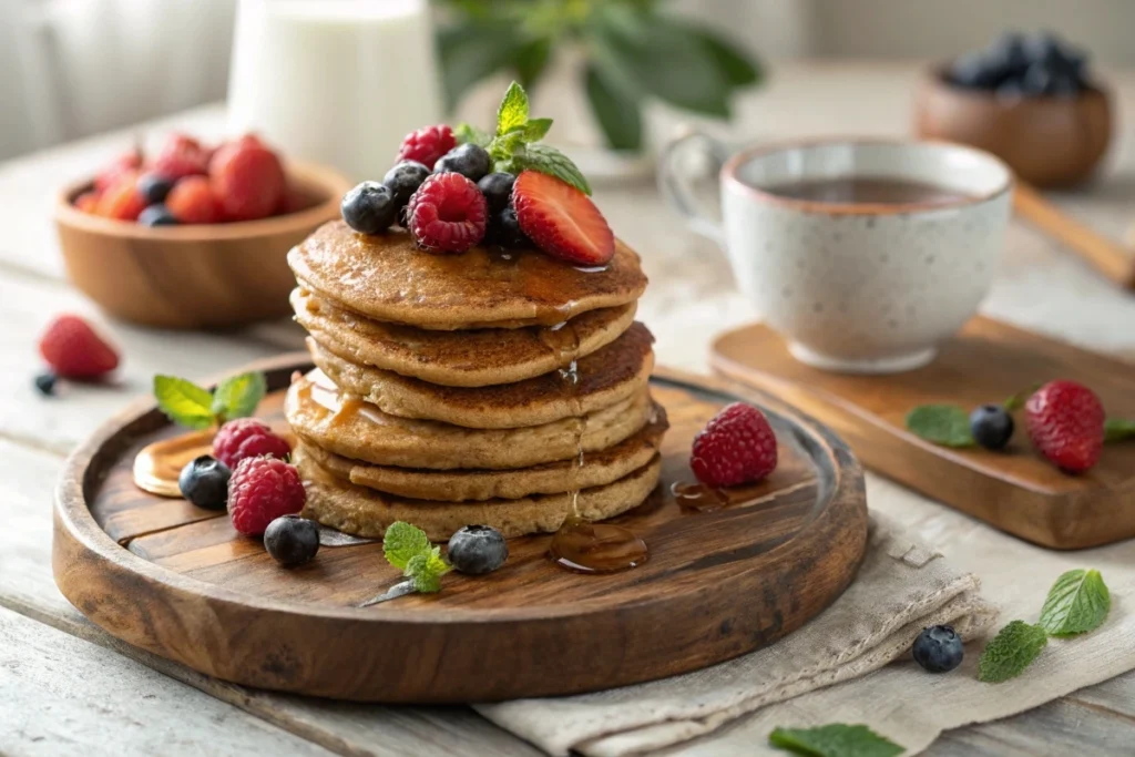 Stack of golden-brown buckwheat pancakes with fresh berries and syrup