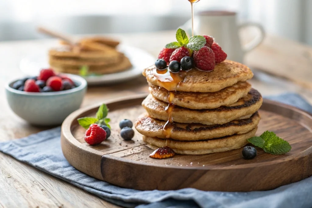 A stack of quinoa buckwheat pancakes topped with berries and maple syrup