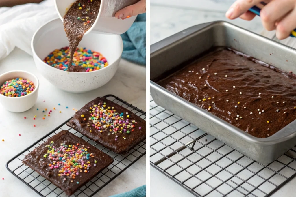 Step-by-step process of adding sprinkles to brownies before baking