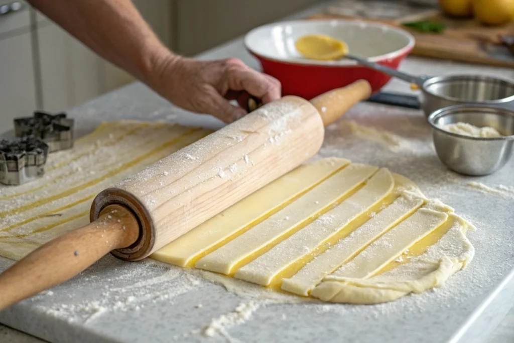 Rolling dough with visible butter layers on a floured surface.