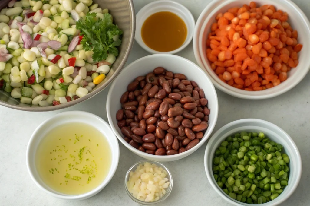 Ingredients for dense bean salad: beans, chopped vegetables, and vinaigrette arranged on a countertop.