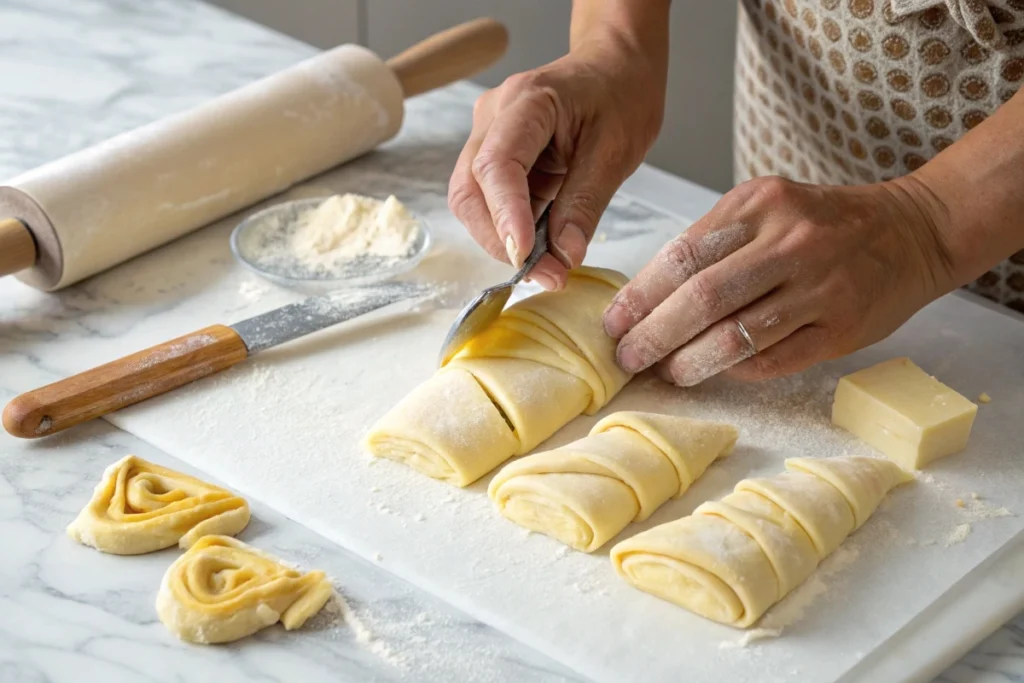 Hands laminating croissant dough with butter on a floured surface.