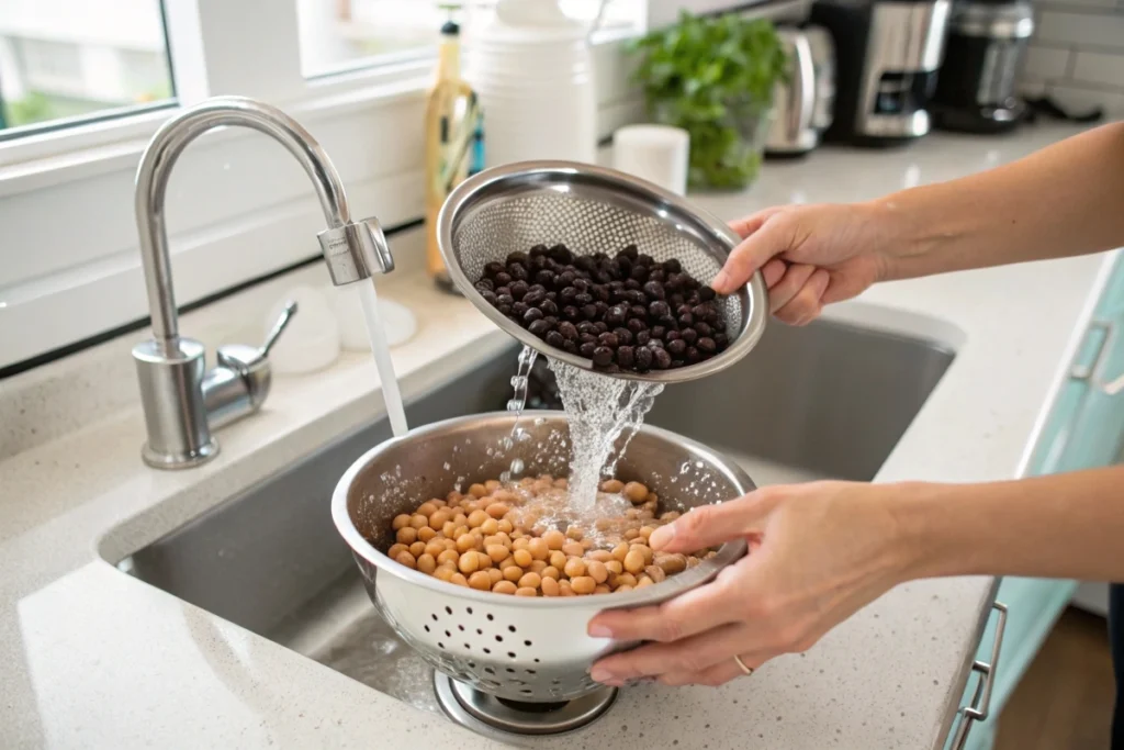 Hands rinsing canned beans in a colander under running water.