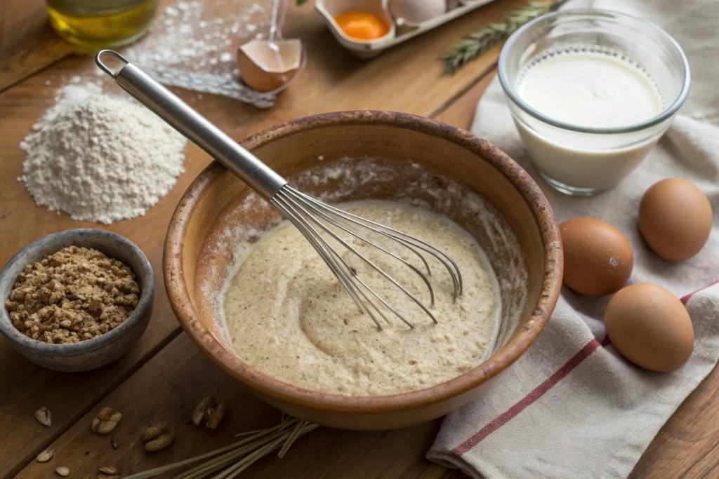 Buckwheat pancake batter preparation with natural ingredients.