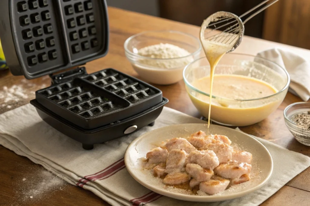 Waffle batter being poured and seasoned chicken preparation.