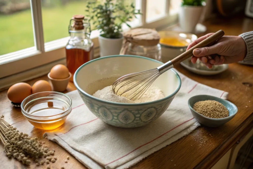 Preparing quinoa buckwheat pancake batter with fresh ingredients