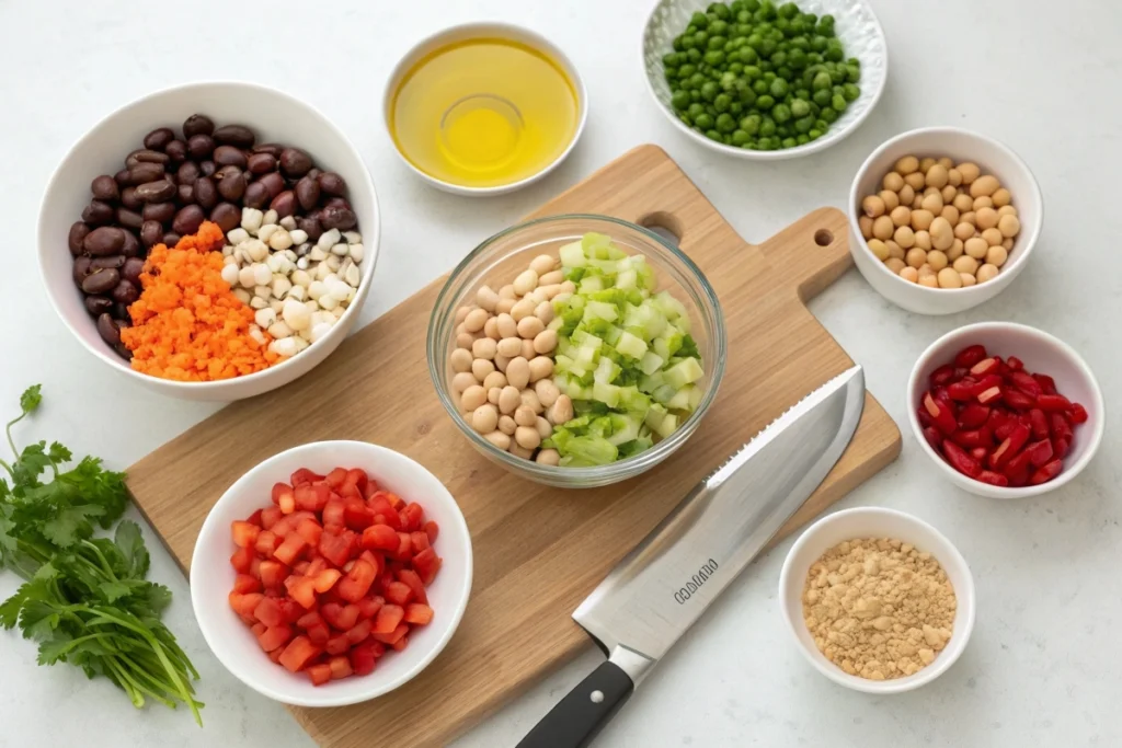 Ingredients for a dense bean salad displayed neatly in bowls.