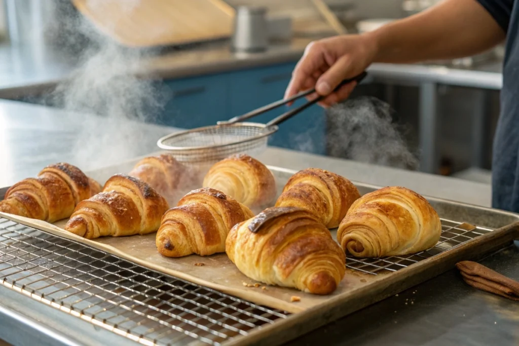 Freshly baked croissants cooling on a wire rack