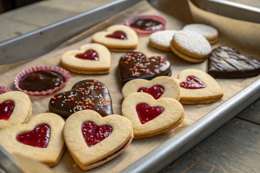 Tray of heart-shaped sugar cookies with various designs.