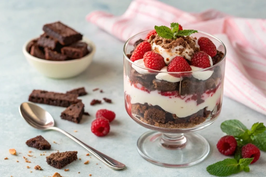 A trifle dessert made with brownie chunks, whipped cream, and raspberries.