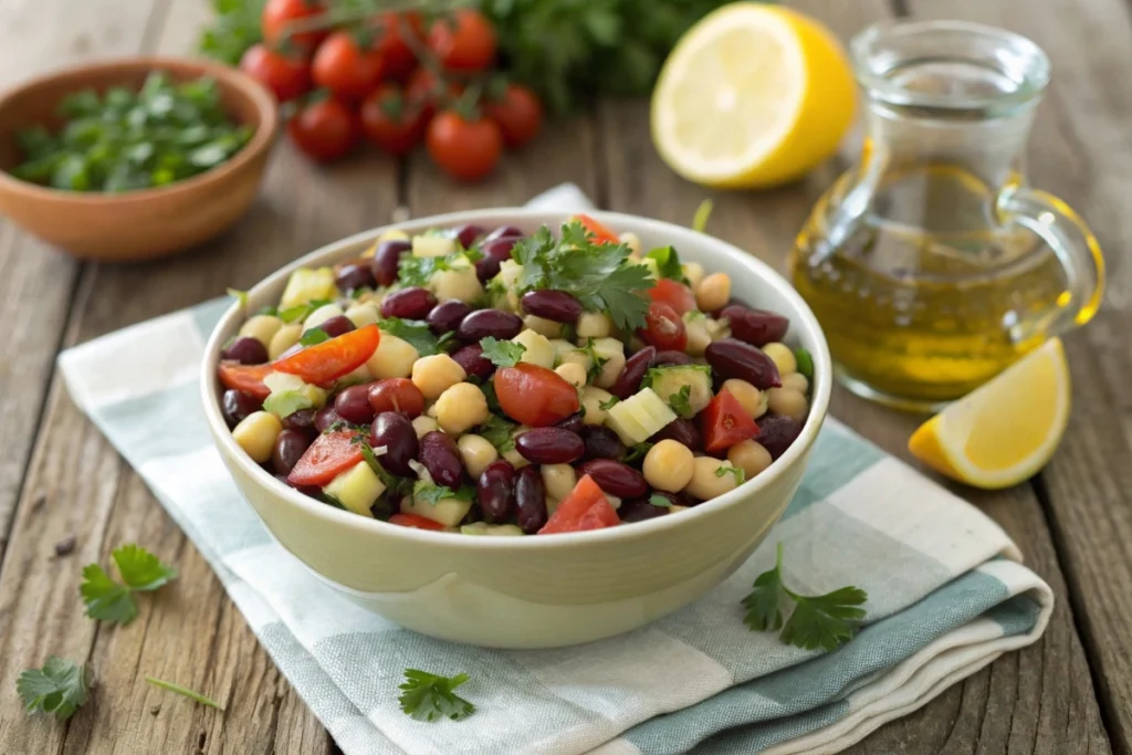 Colorful bowl of dense bean salad with fresh vegetables.