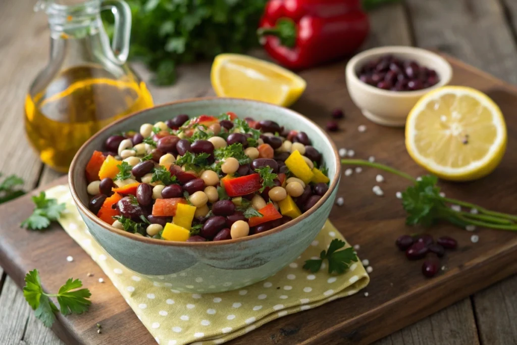 A vibrant bowl of dense bean salad with colorful beans and fresh vegetables