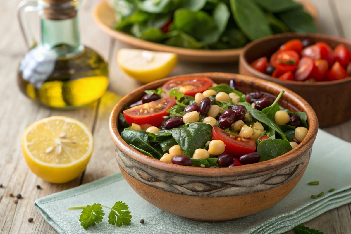 A colorful salad with black beans, chickpeas, kidney beans, and fresh greens in a rustic bowl.