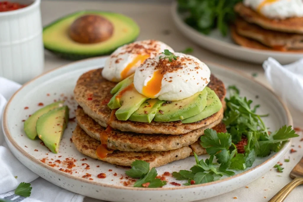 Savory buckwheat pancakes with avocado and poached eggs.