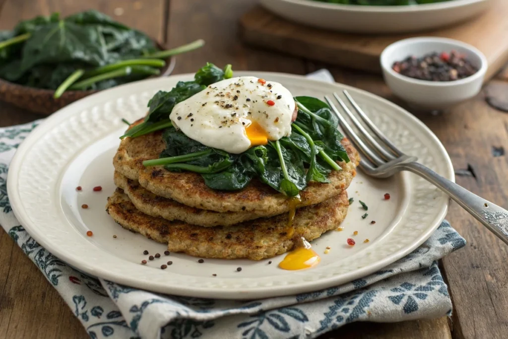 Savory quinoa buckwheat pancakes with spinach and poached egg