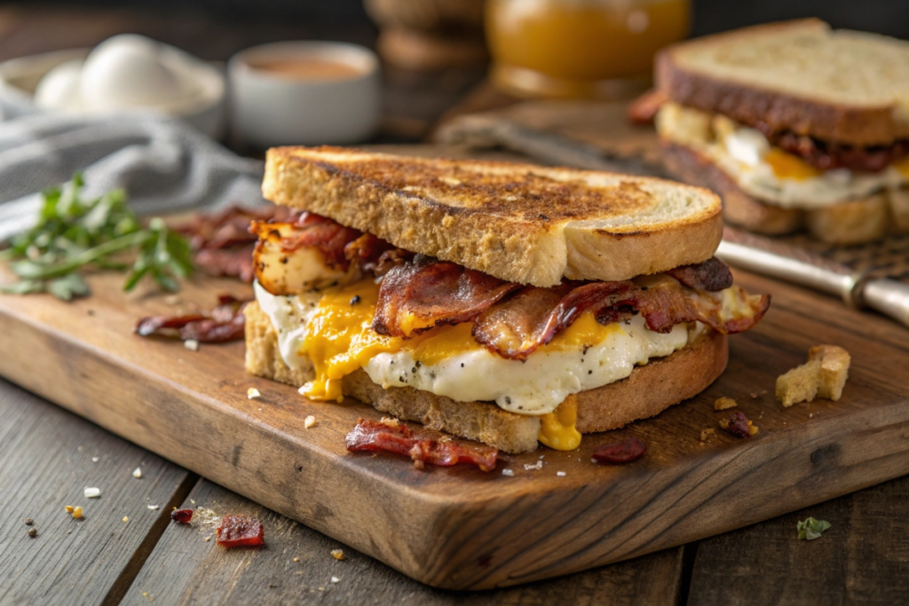 Loaded Breakfast Sandwich on wooden board