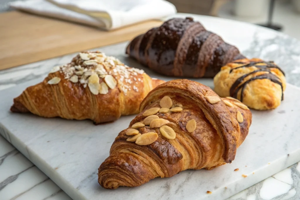 Classic, almond, and chocolate croissants on a marble countertop.