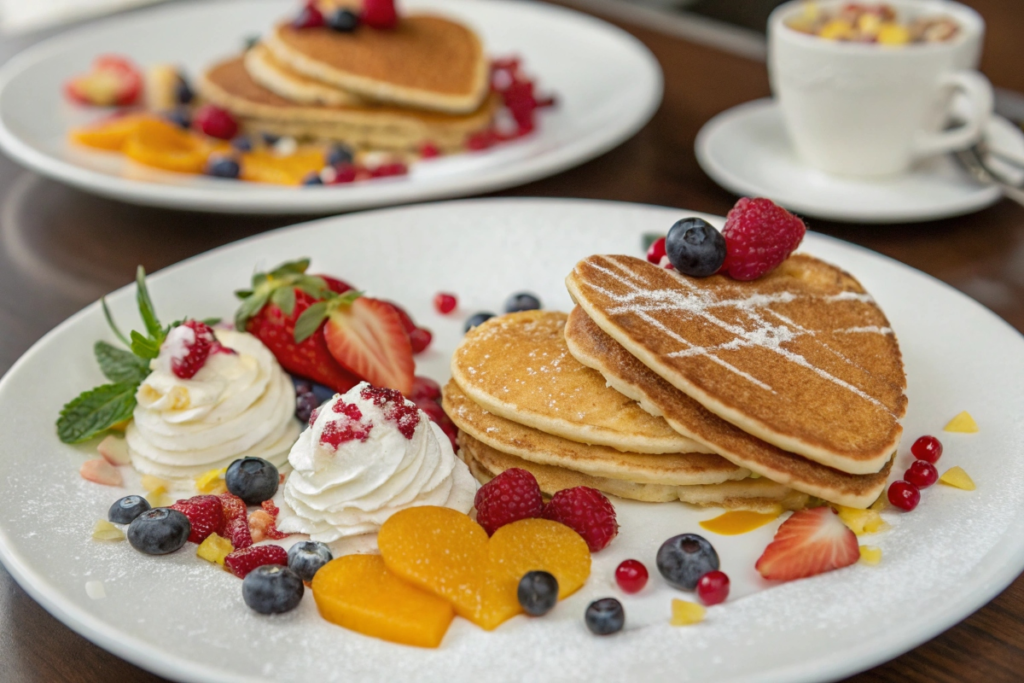 decorated heart-shaped pancakes on plate	