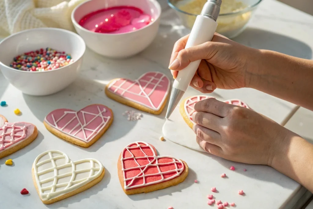 Hands decorating heart-shaped sugar cookies with icing.