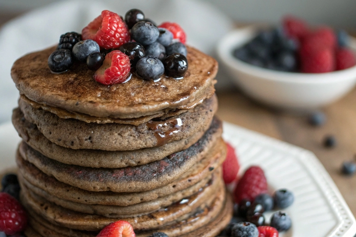 “Plate of buckwheat pancakes stack”