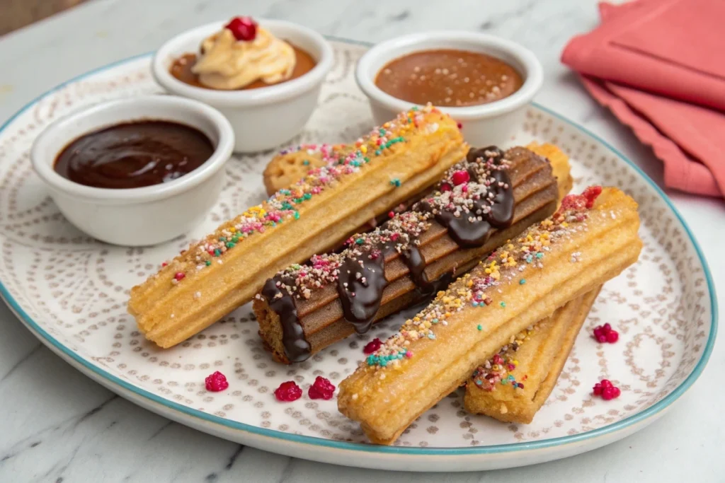 Gourmet churros with sprinkles, fillings, and unique dips