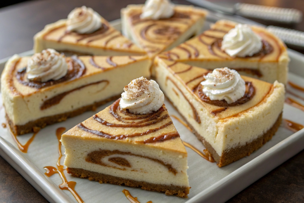 plated cinnamon rolls cheesecake slices	