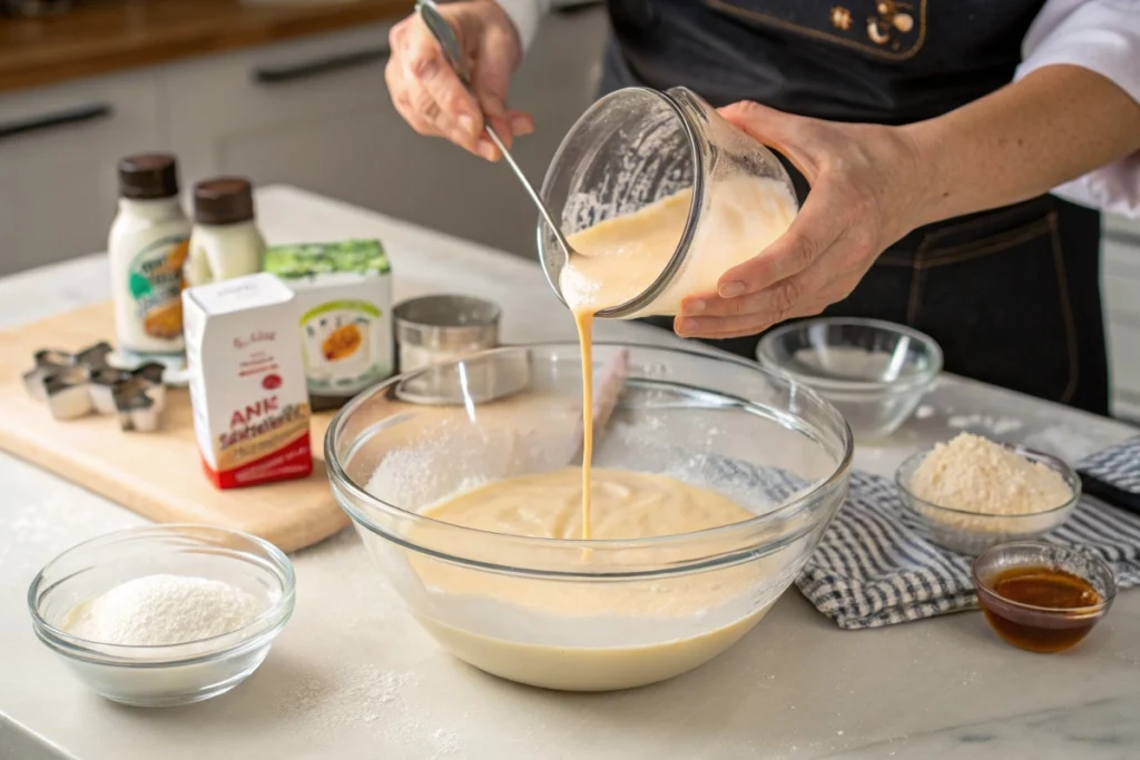 Chef adding dissolved gelatin to cheesecake filling.