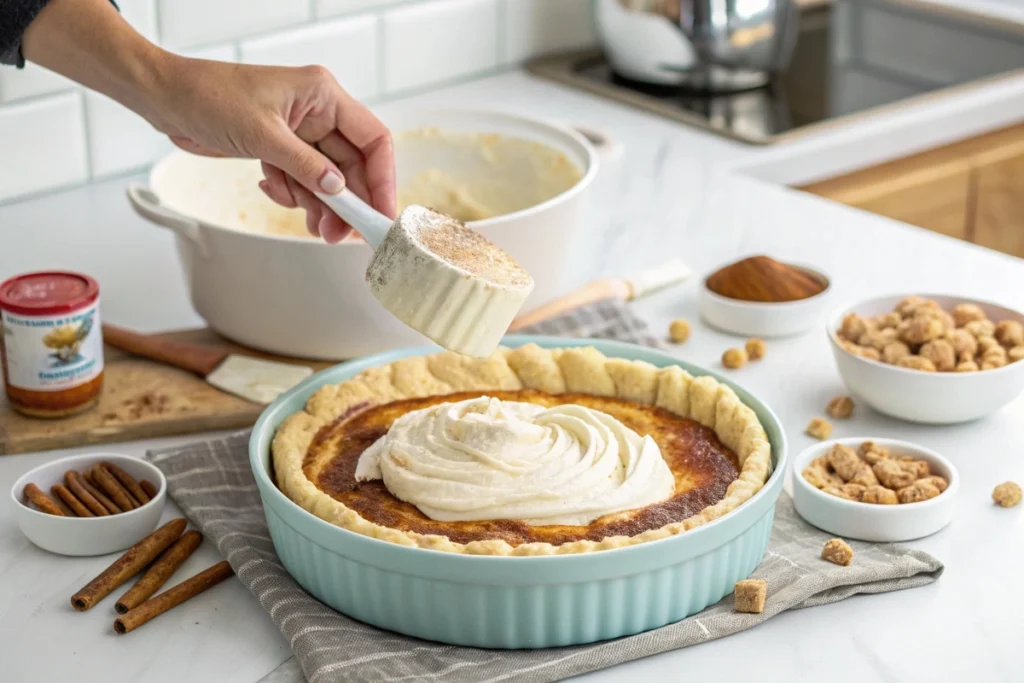 Spreading cream cheese filling on a churro cheesecake base