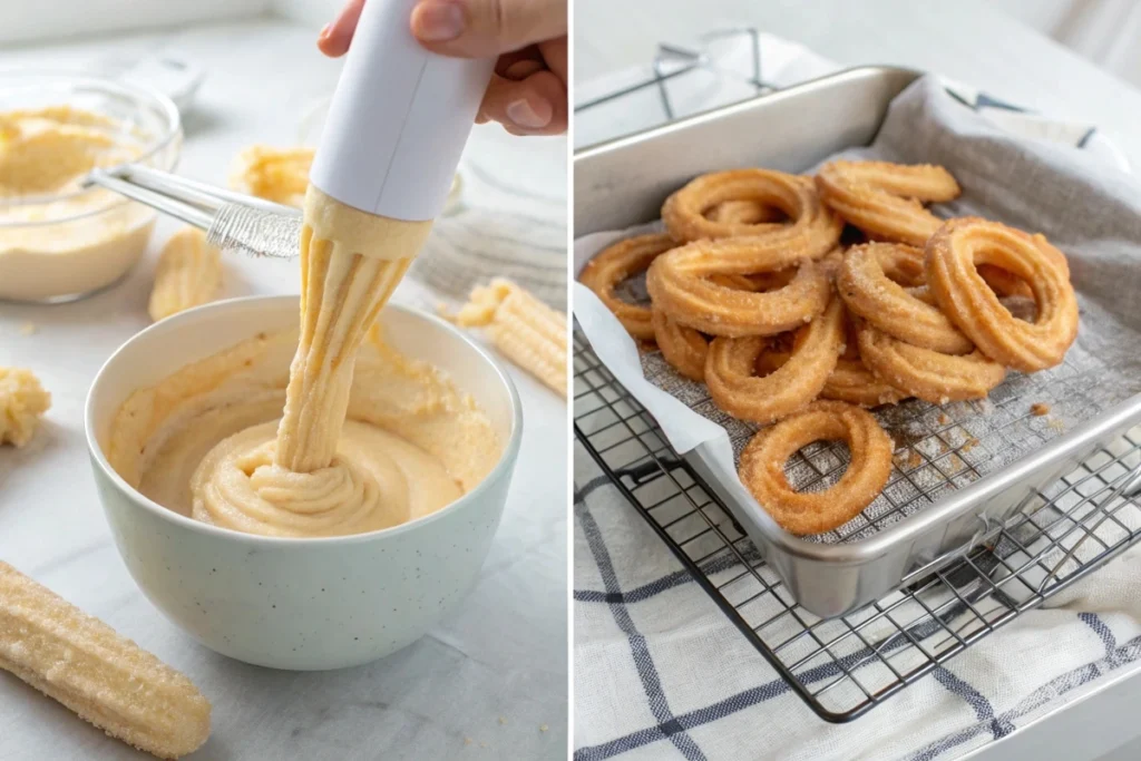 Making churros step by step from dough to cooling