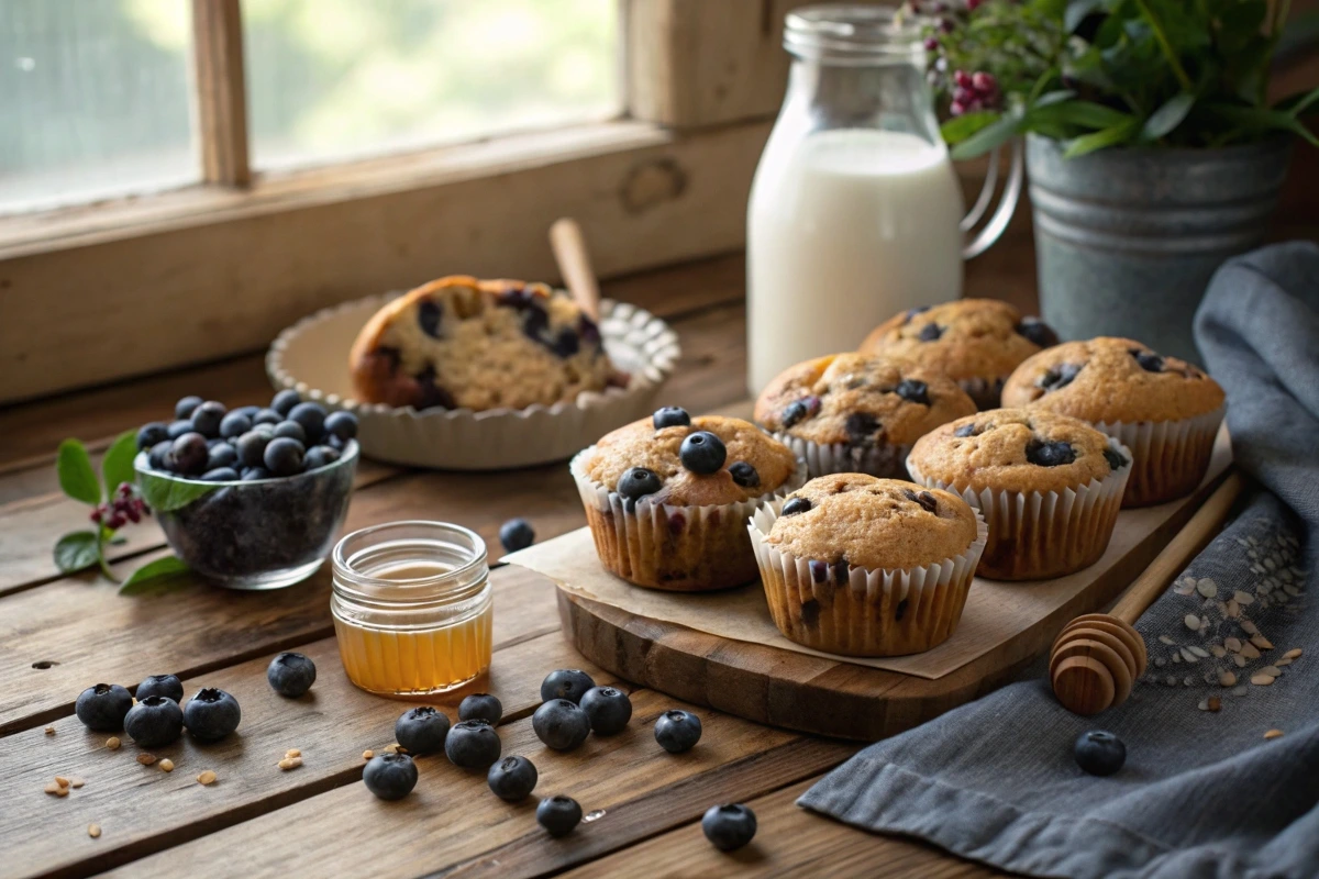 Freshly baked blueberry muffins with honey and milk