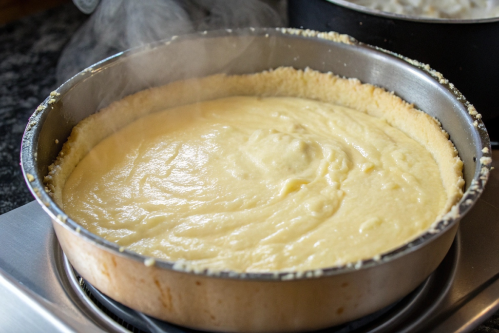 vintage coconut cream pie filling in saucepan