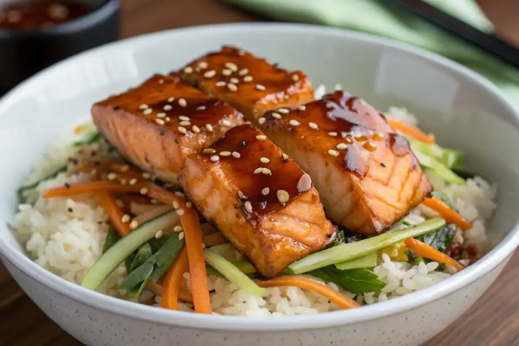 Teriyaki salmon bowl with greens
