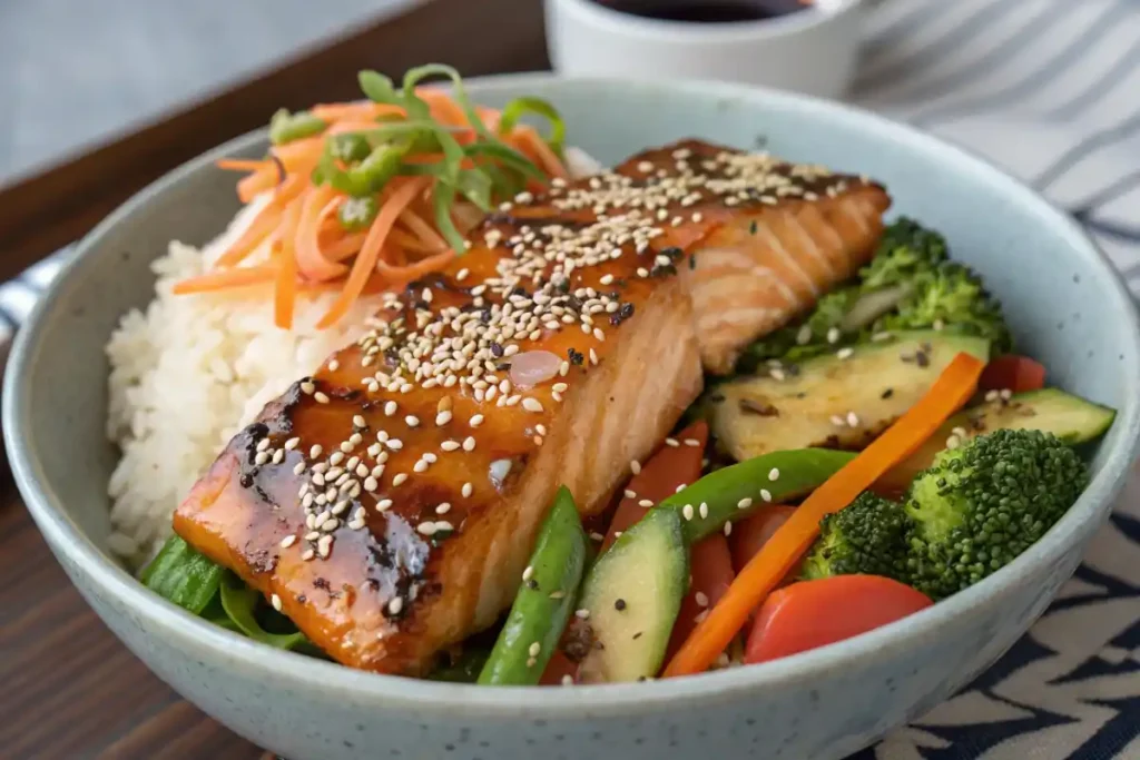 Garnished teriyaki salmon rice bowl