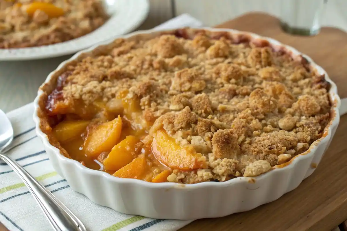 Peach crumble recipe with golden topping