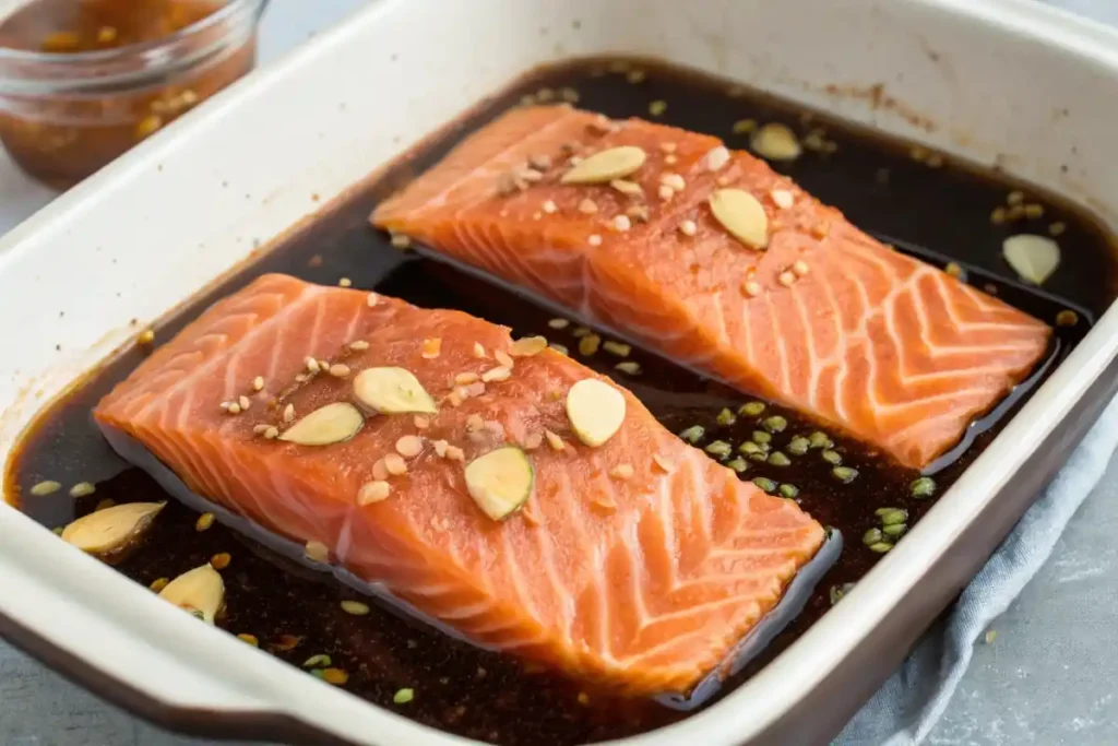 Salmon fillet marinating in teriyaki sauce