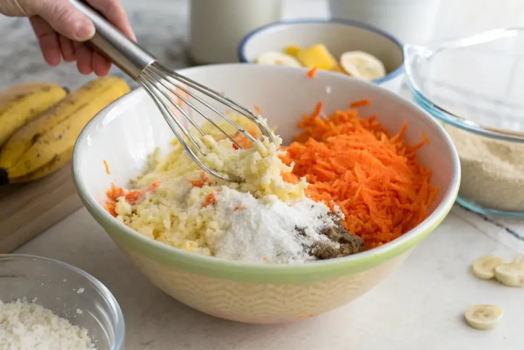 Stirring muffin batter with carrots and banana